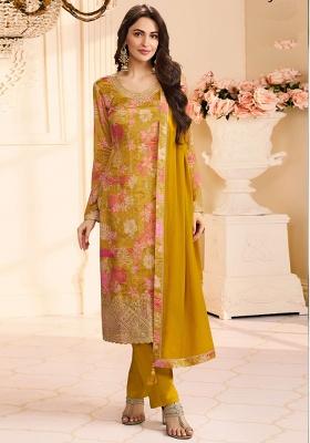 Yellow Printed Silk Kurta Set