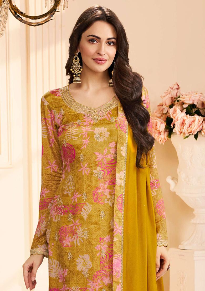 Yellow Printed Silk Kurta Set - Indya