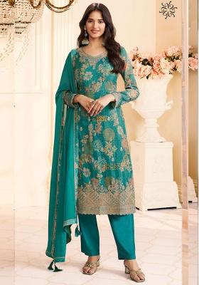 Turquoise Embroidered Silk Pakistani Suit Set