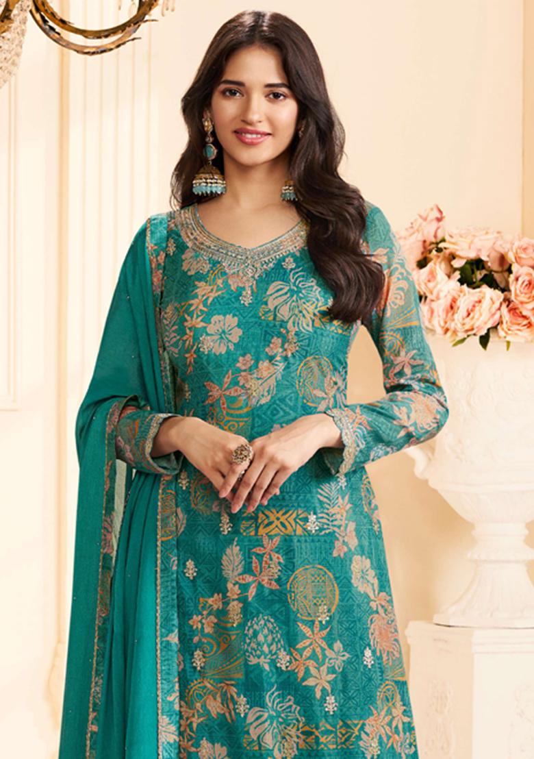 Turquoise Printed Silk Kurta Set - Indya