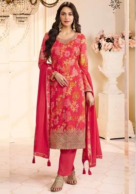 Red Printed Silk Kurta Set