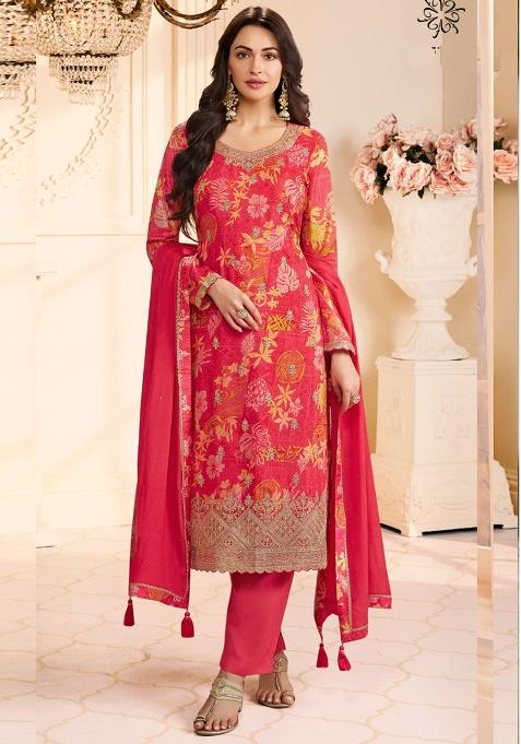 Red Printed Silk Kurta Set