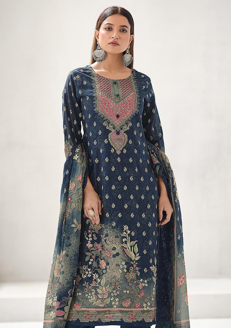 Navy Blue Printed Cotton Kurta Set - Indya