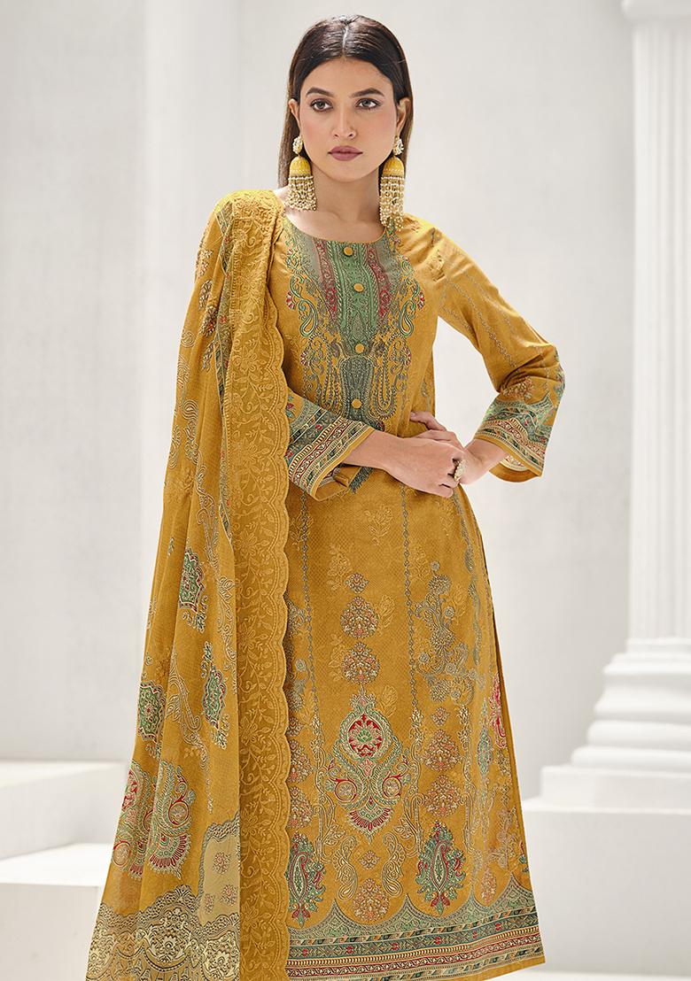 Mustard Printed Cotton Kurta Set - Indya