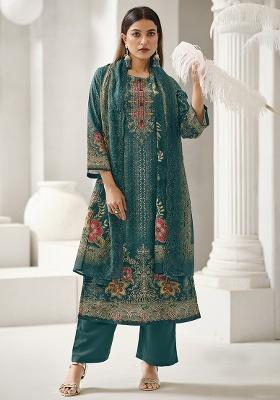Teal Printed Cotton Kurta Set