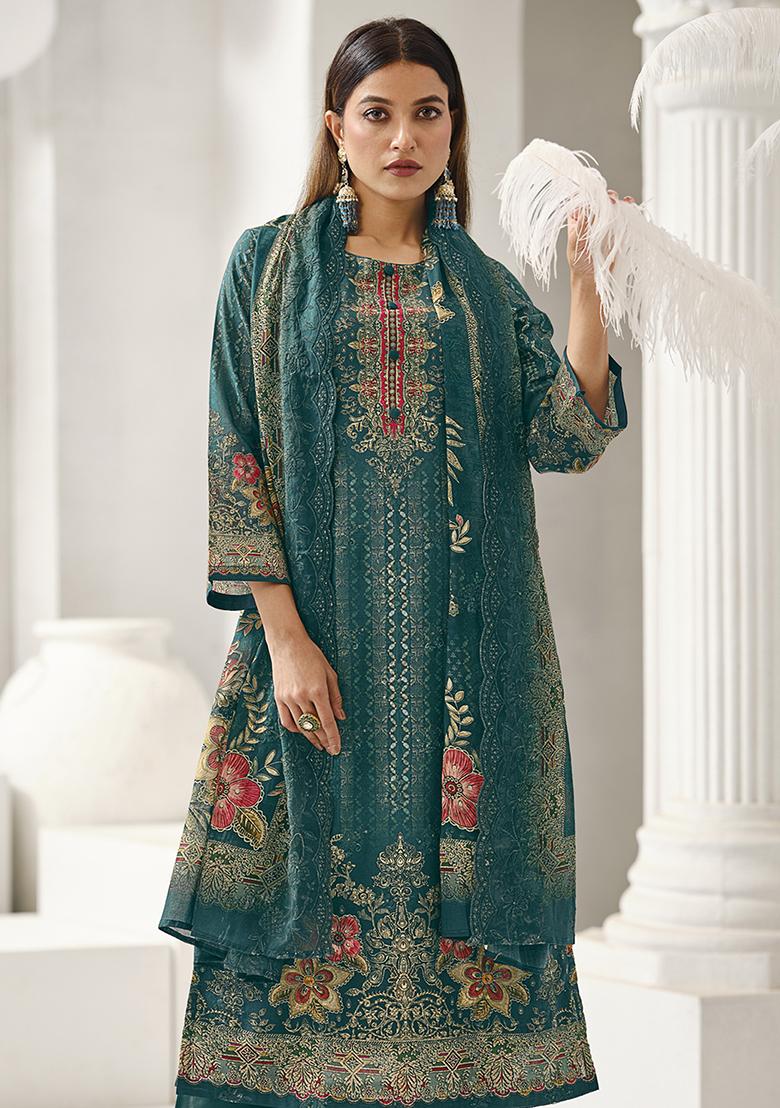 Teal Printed Cotton Kurta Set - Indya