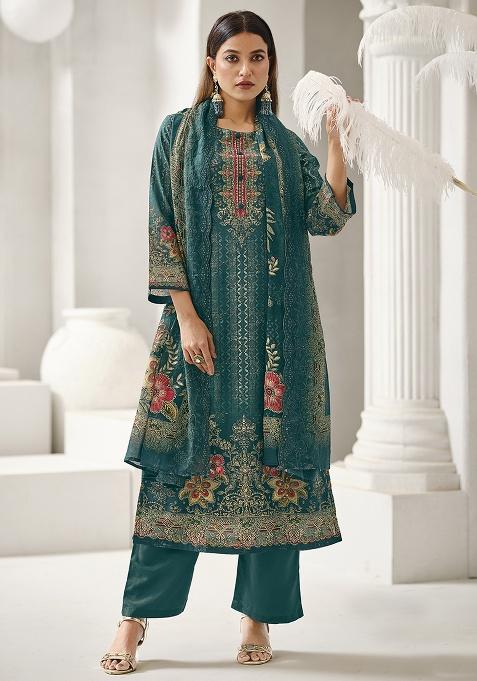 Teal Printed Cotton Kurta Set