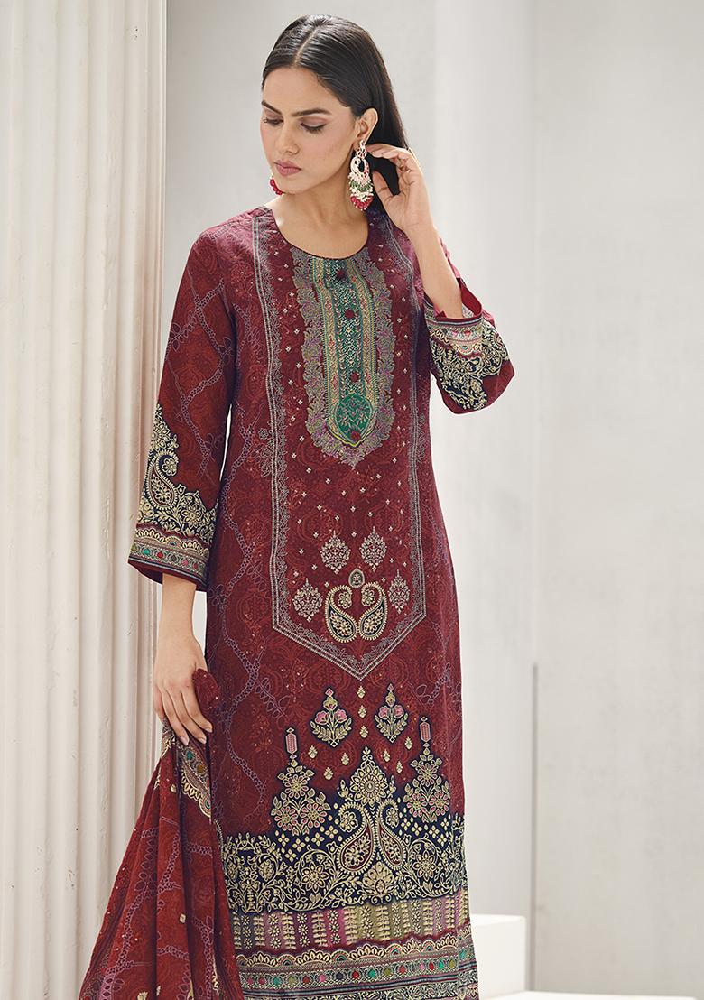 Maroon Printed Cotton Kurta Set - Indya