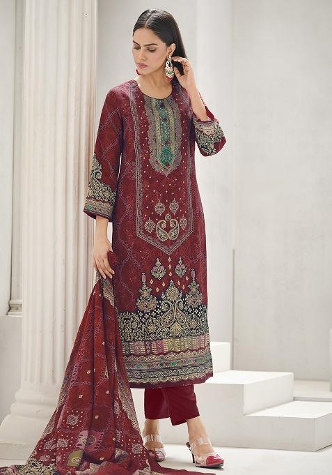Maroon Printed Cotton Kurta Set