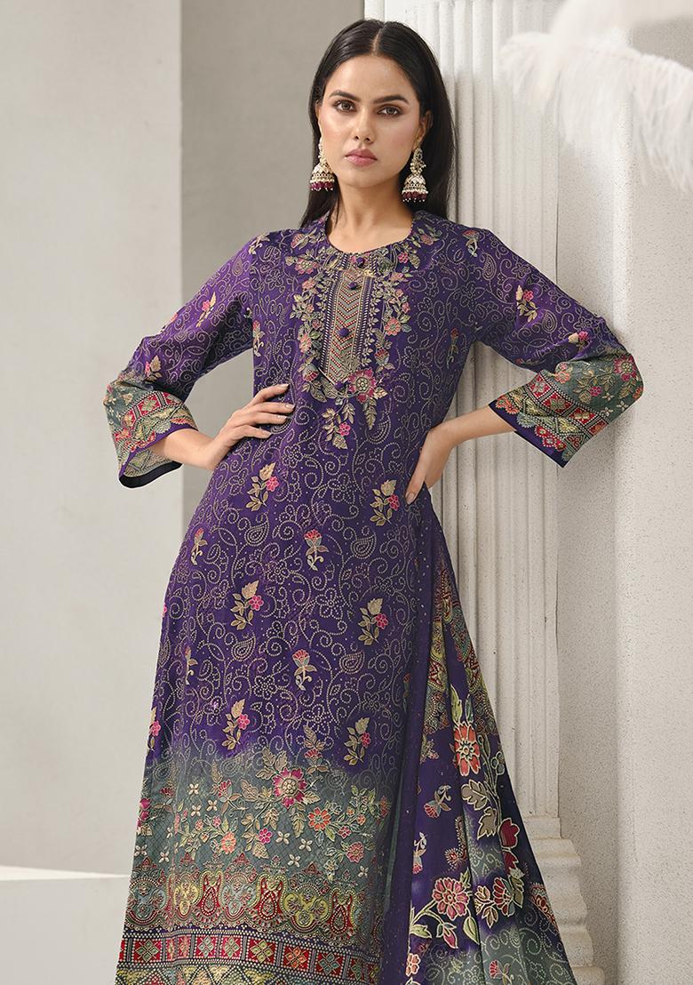Purple Printed Cotton Kurta Set - Indya