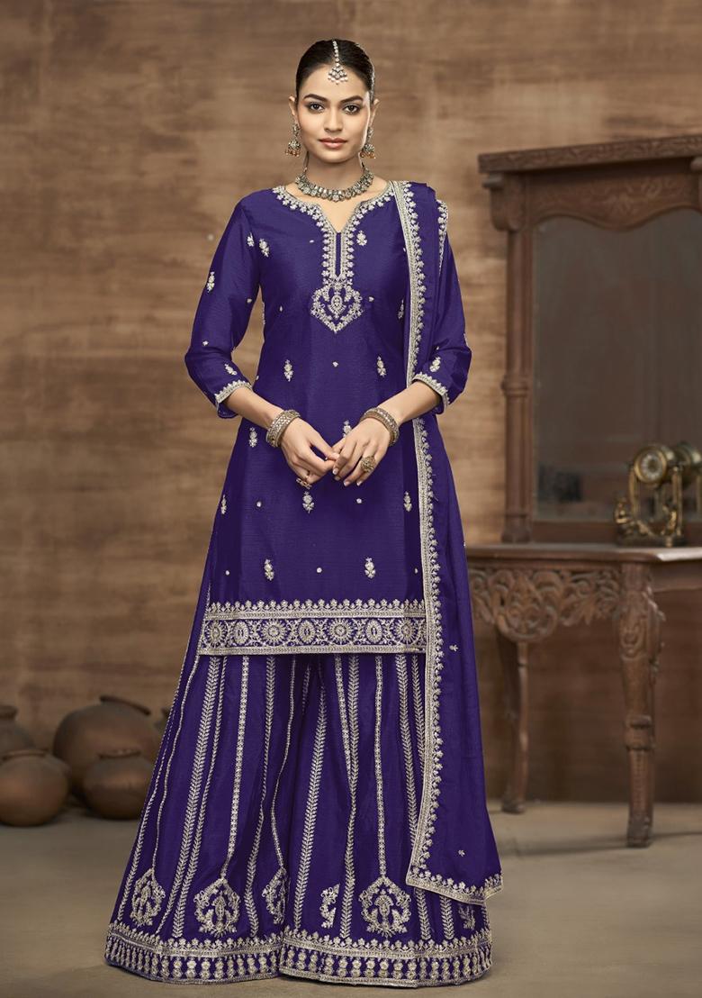Blue Embroidered Silk Sharara Suit - Indya