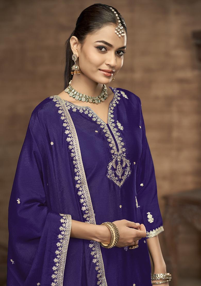 Blue Embroidered Silk Sharara Suit - Indya