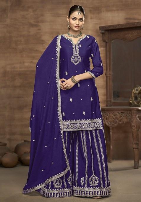 Blue Embroidered Silk Sharara Suit