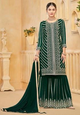 Dark Green Embroidered Georgette Kurta Set