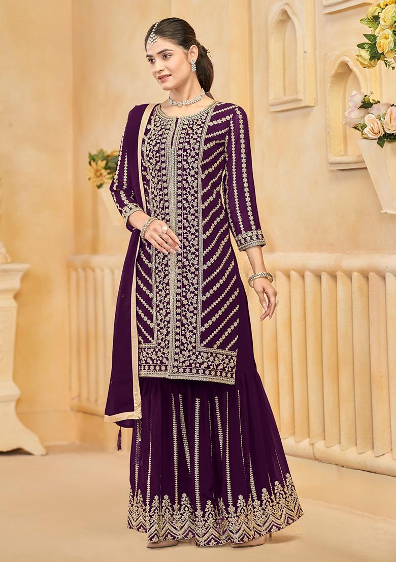 Purple Embroidered Georgette Kurta Set - Indya