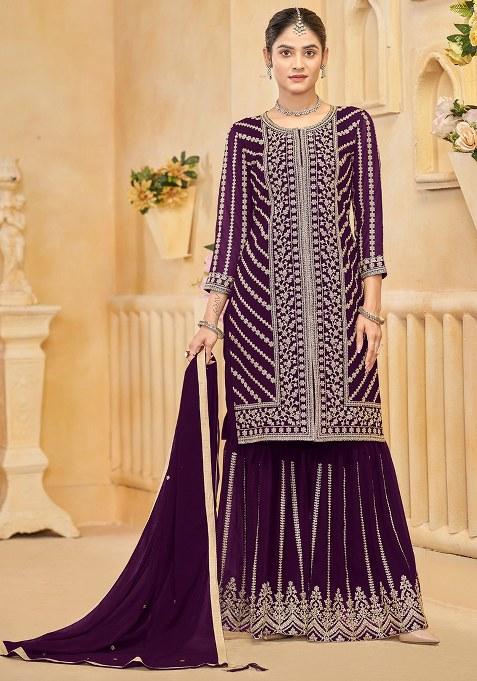 Purple Embroidered Georgette Kurta Set