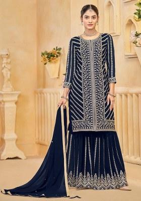 Navy Blue Embroidered Georgette Kurta Set
