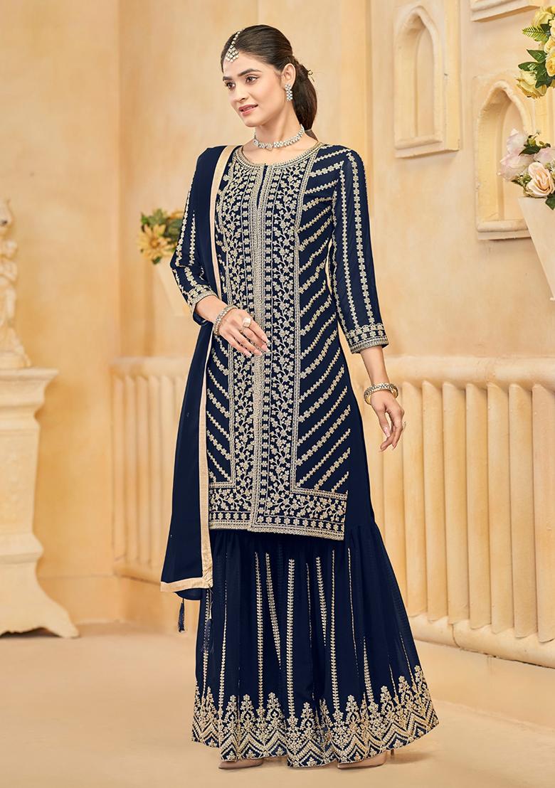 Navy Blue Embroidered Georgette Kurta Set - Indya
