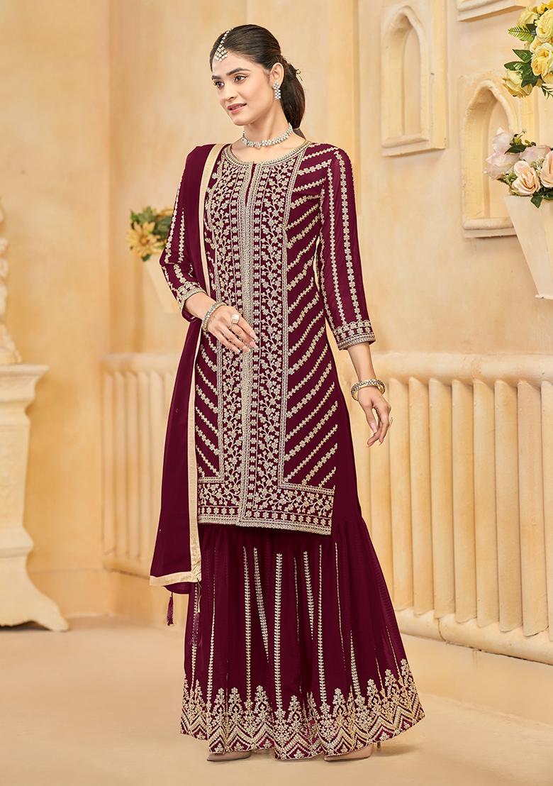 Maroon Embroidered Georgette Kurta Set - Indya