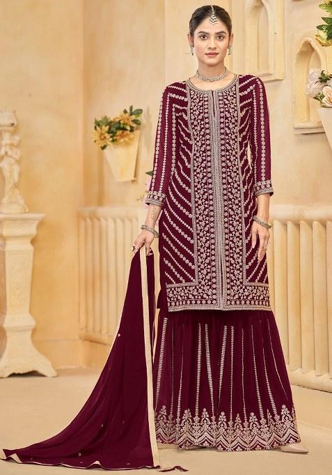 Maroon Embroidered Georgette Kurta Set