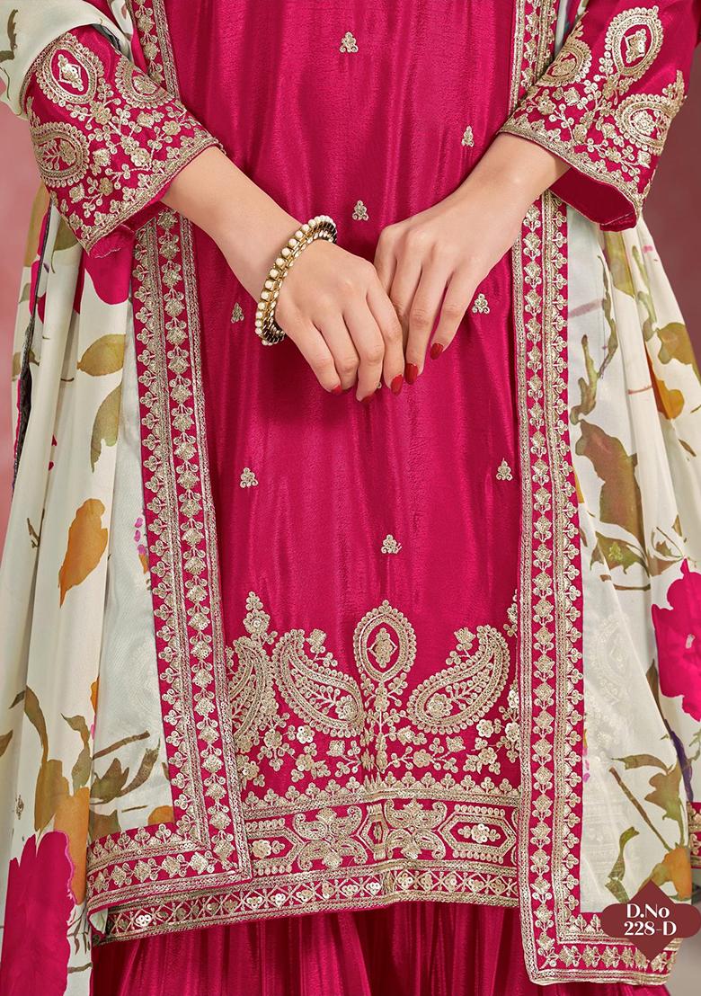 Dark Magenta Embroidered Silk Sharara Suit - Indya