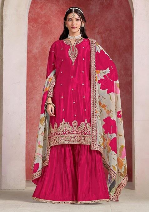 Dark Magenta Embroidered Silk Sharara Suit