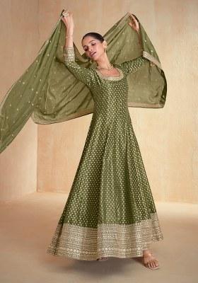 Olive Embroidered Viscose Kurta Set