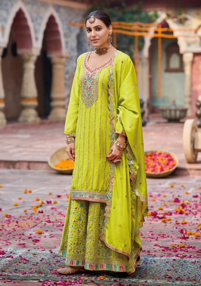 Lime Embroidered Silk Kurta Set - Indya
