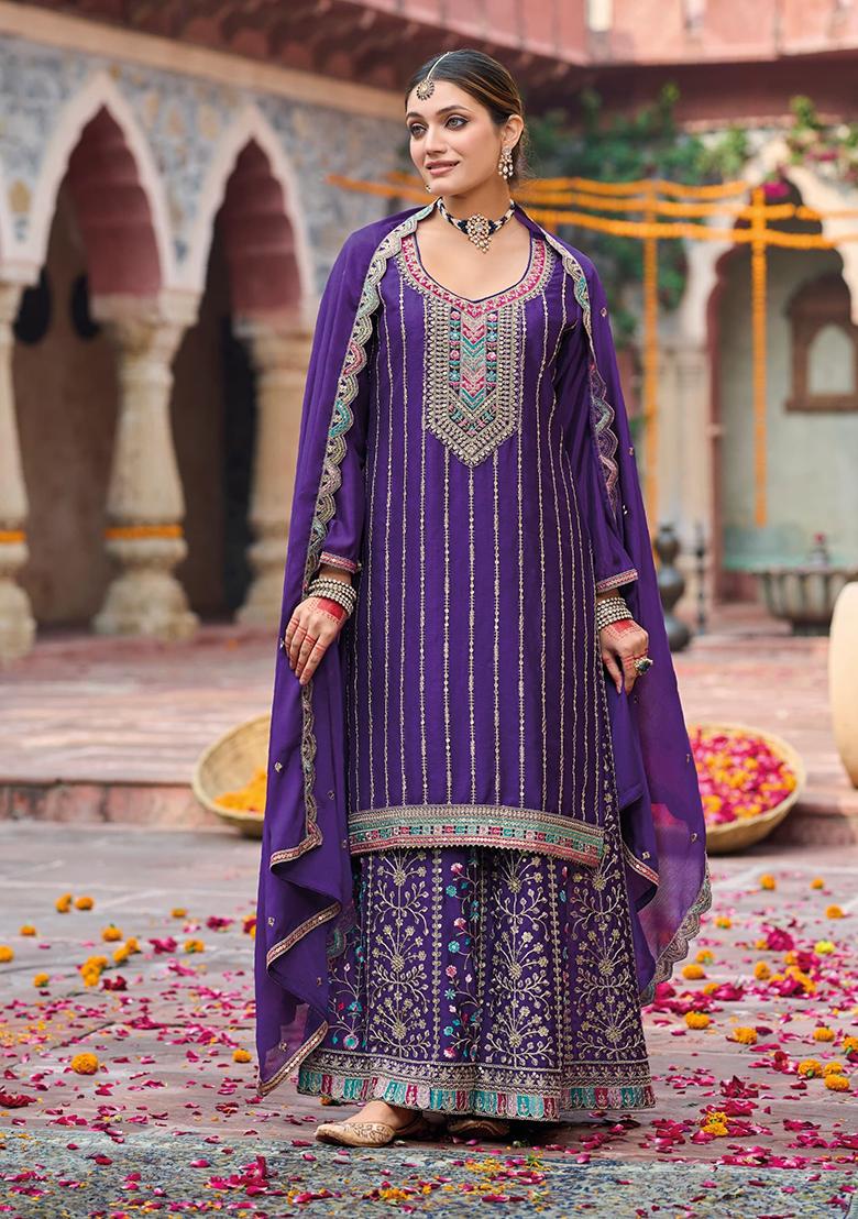 Purple Embroidered Silk Kurta Set - Indya