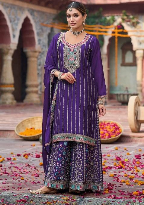 Purple Embroidered Silk Kurta Set
