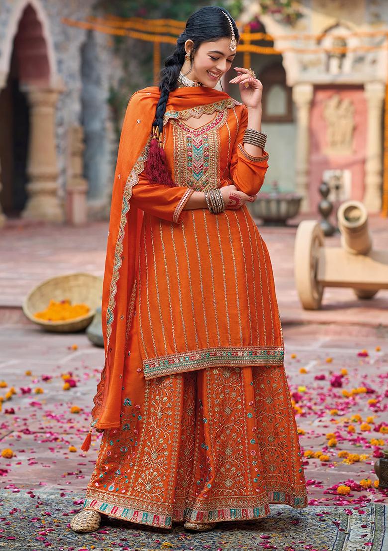 Coral Embroidered Silk Kurta Set - Indya