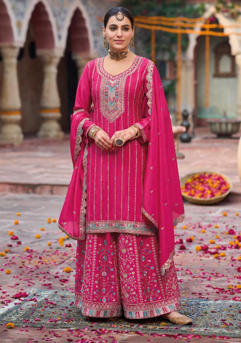 Rani Pink Embroidered Silk Kurta Set - Indya