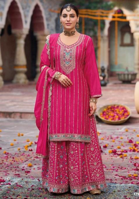 Rani Pink Embroidered Silk Kurta Set