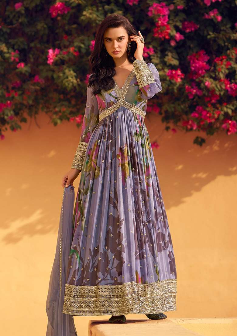Purple Embroidered Silk Blend Anarkali Set - Indya