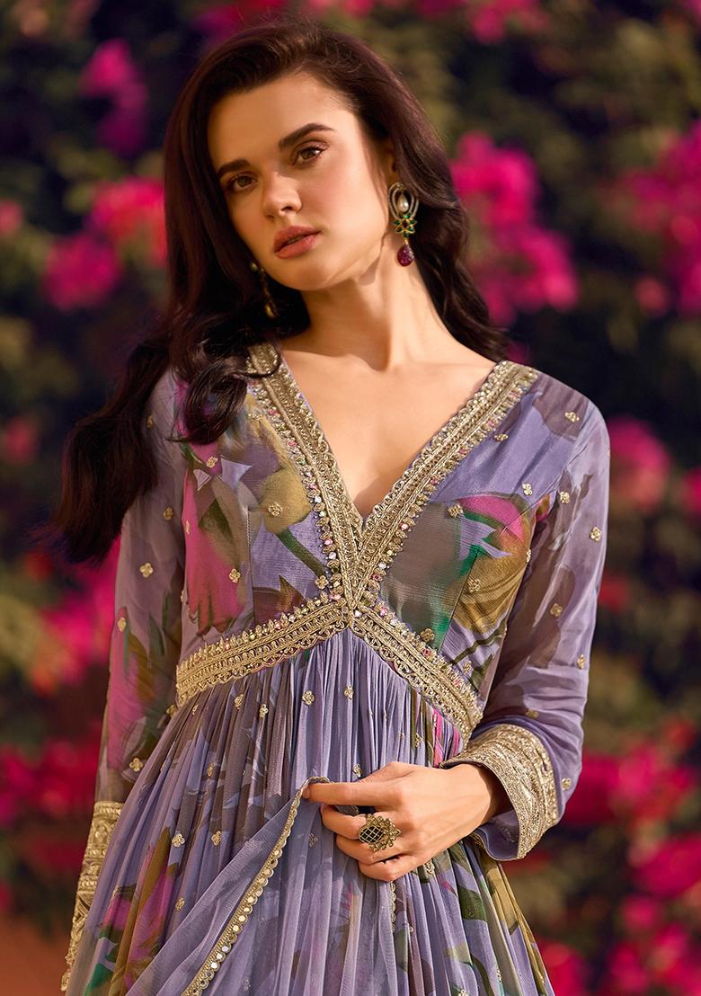 Purple Embroidered Silk Gown - Indya