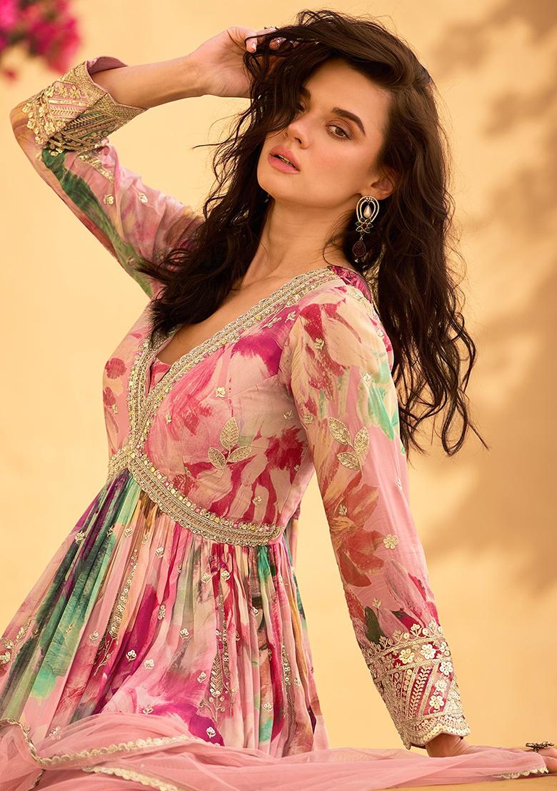 Pink Embroidered Silk Gown - Indya