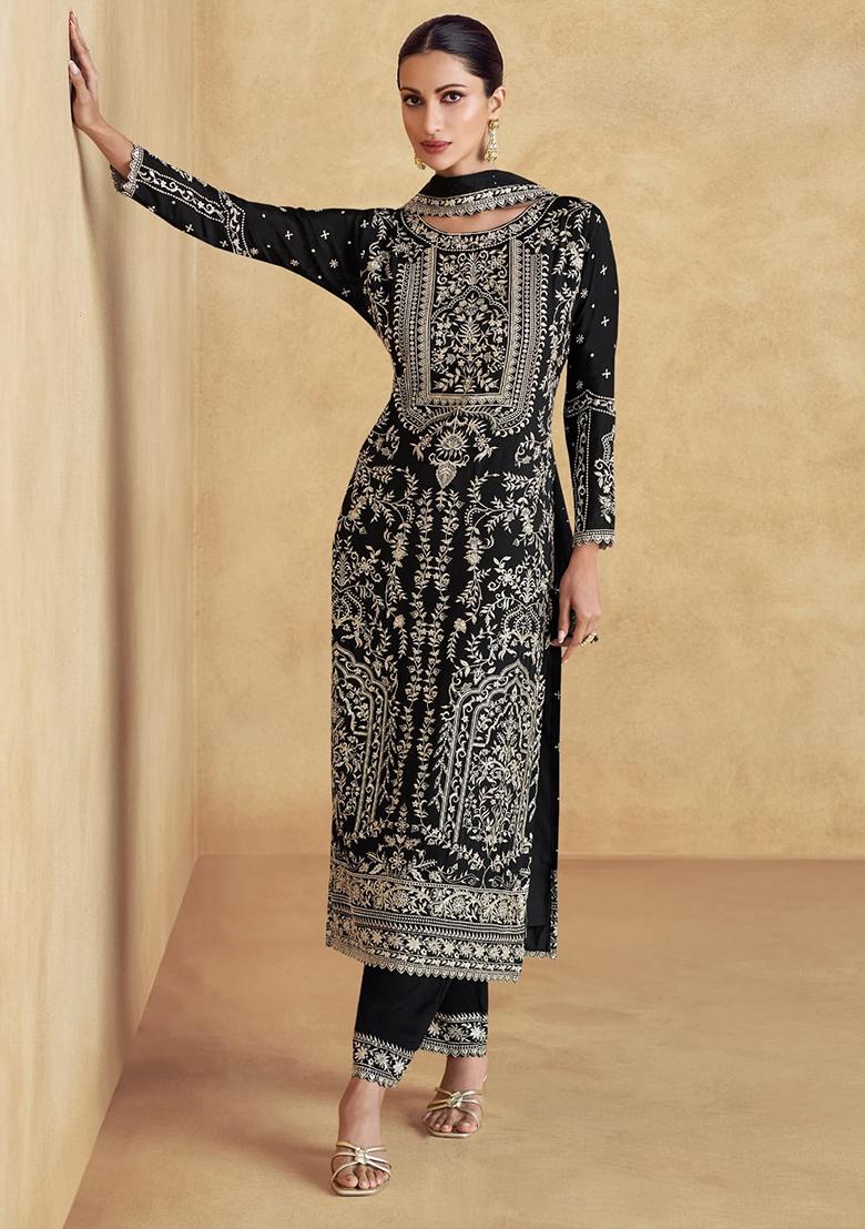 Black Embroidery Silk Kurta Set - Indya