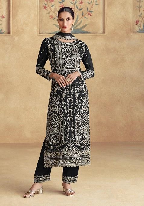 Black Embroidery Silk Kurta Set