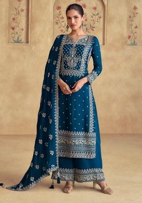 Teal Embroidery Silk Kurta Set