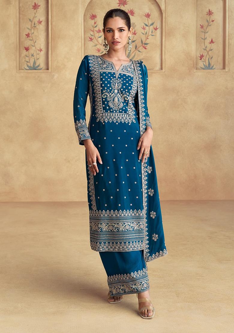 Teal Embroidery Silk Kurta Set - Indya