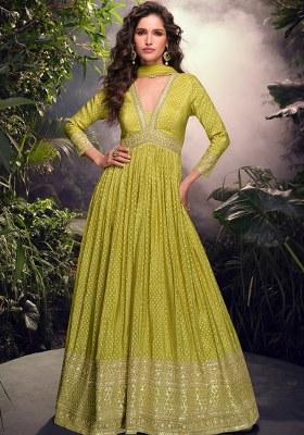 Lime Multi Head Work Viscose Anarkali Gown