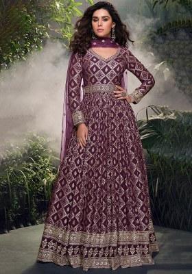Wine Multi Head Work Viscose Anarkali Gown