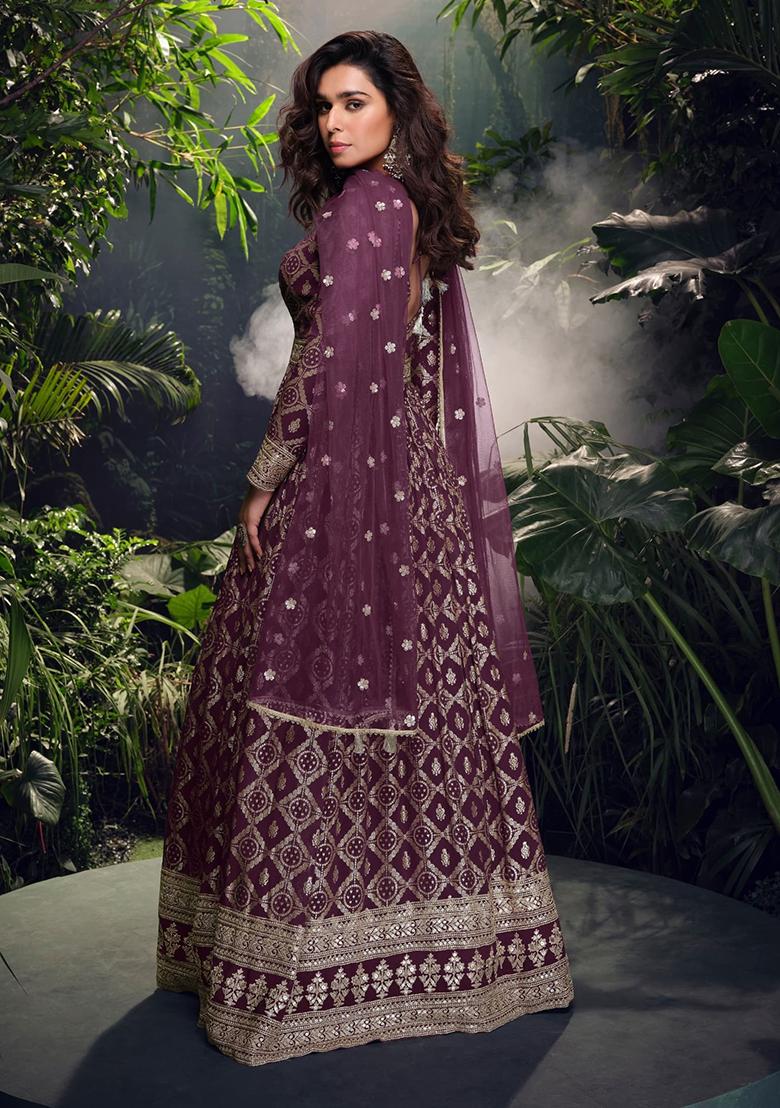 Wine Multi Head Work Viscose Anarkali Gown - Indya