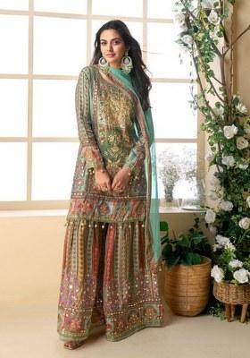 Sea Green Printed Silk Kurta Set