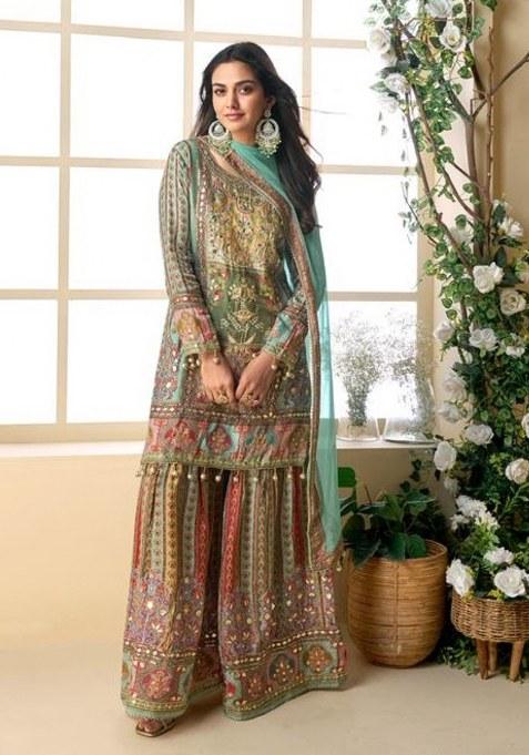 Sea Green Printed Silk Kurta Set