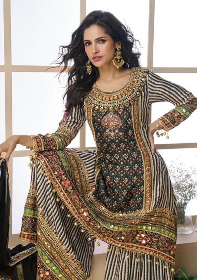 Black Printed Silk Kurta Set - Indya