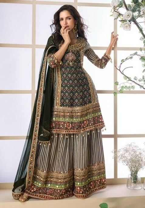 Black Printed Silk Kurta Set