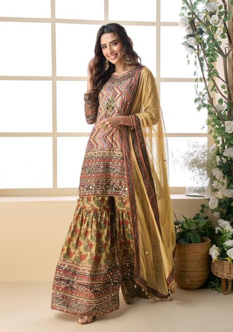 Yellow Printed Silk Kurta Set - Indya