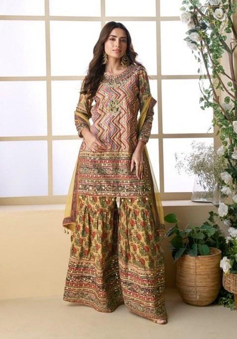 Yellow Printed Silk Kurta Set