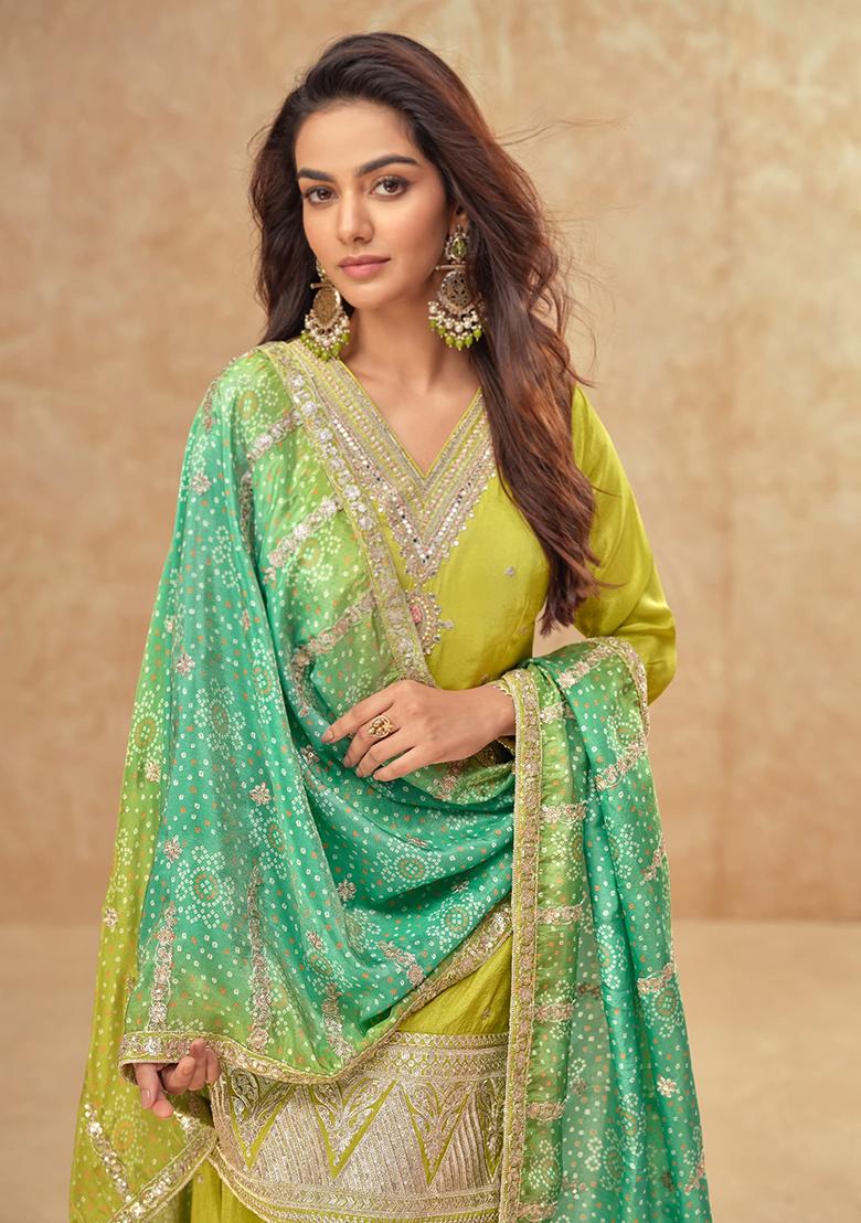 Lemon Embroidered Silk Sharara Suit - Indya